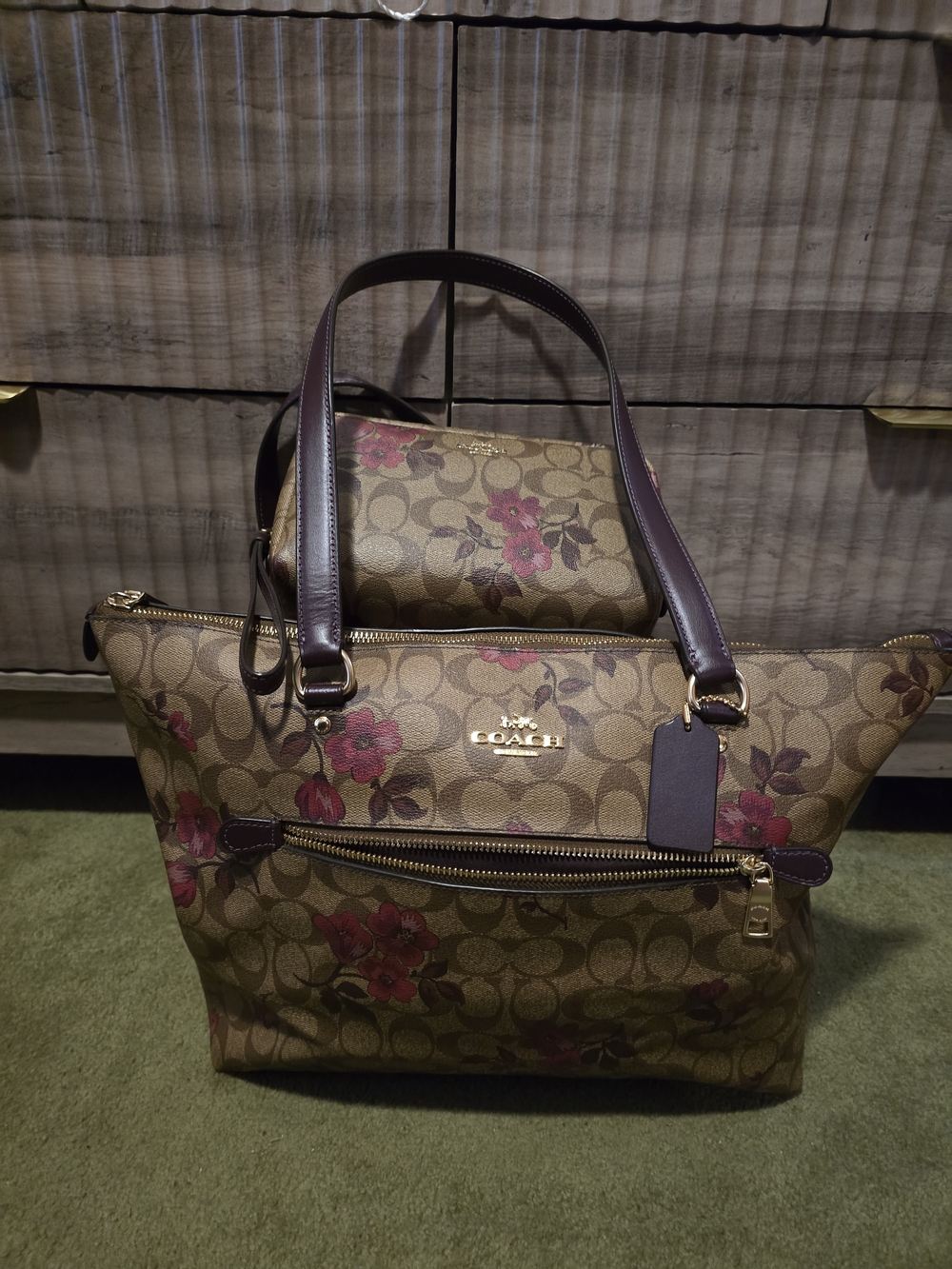 Coach Floral Signature Tote with Burgundy Handles